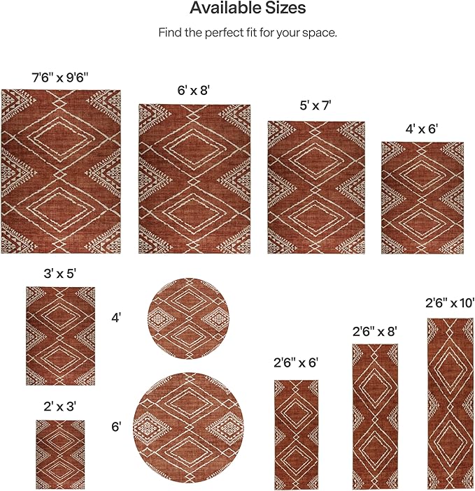 ReaLife Rugs Machine Washable Area Rug - Living Room Bedroom Bathroom Kitchen Entryway Office - Non Slip Low Pile Stain Resistant Premium - Moroccan Diamond Tribal - Jax - Orange 6' Round