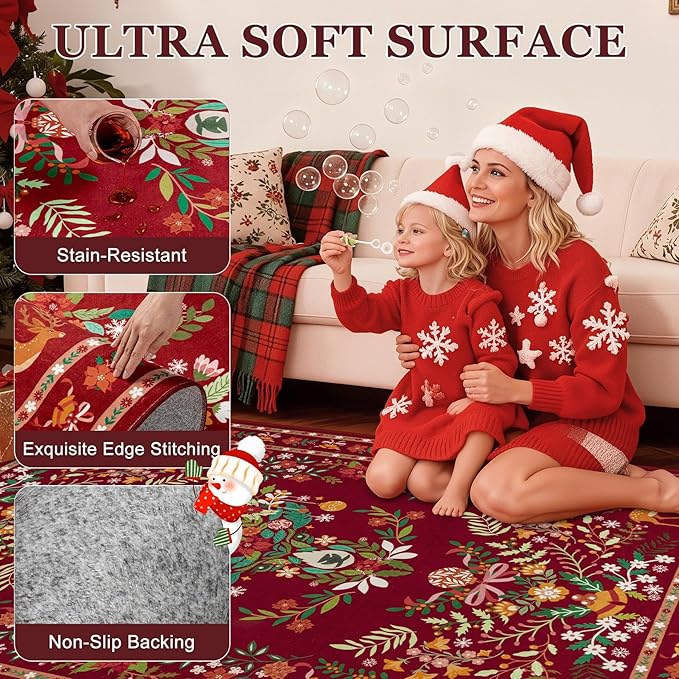 6x9 Area Rugs Living Room Rug: Christmas Washable Rug Floral Soft Carpet Indoor Floor Non-Slip Boho Stain Resistant Large Carpets for Bedroom Kids Nursery Dining Room Farmhouse Home Office Red