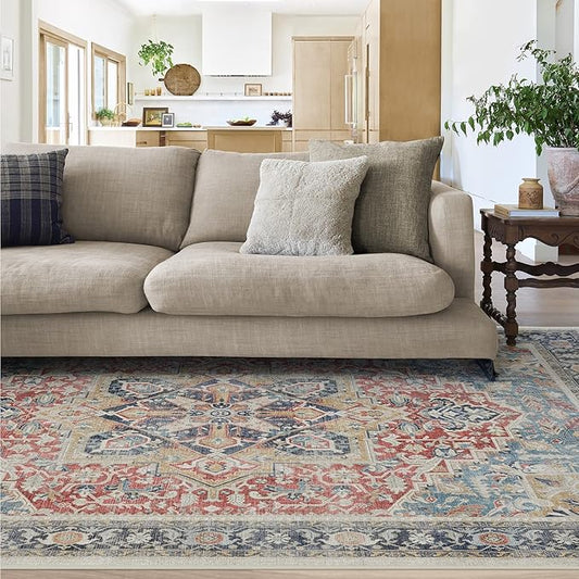 RUGGABLE Washable Vintage Area Rug – Kamran Cayenne Red 5x7, Stain-Resistant, Non-Slip – Medium Machine Washable Rugs for Living Room, Bedroom, Hallway, Entryway & Office–with Standard Pad