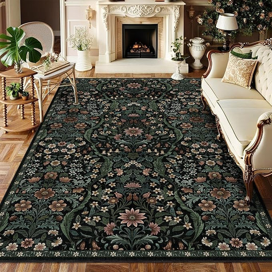 Floral Washable 6x9 Area Rug，Black Boho Rugs for Living Room, Soft Low-Pile Non-Slip Stain Resistant & Non-Shedding Carpet for Bedroom, Dining Room, Office, Entryway, Nursery
