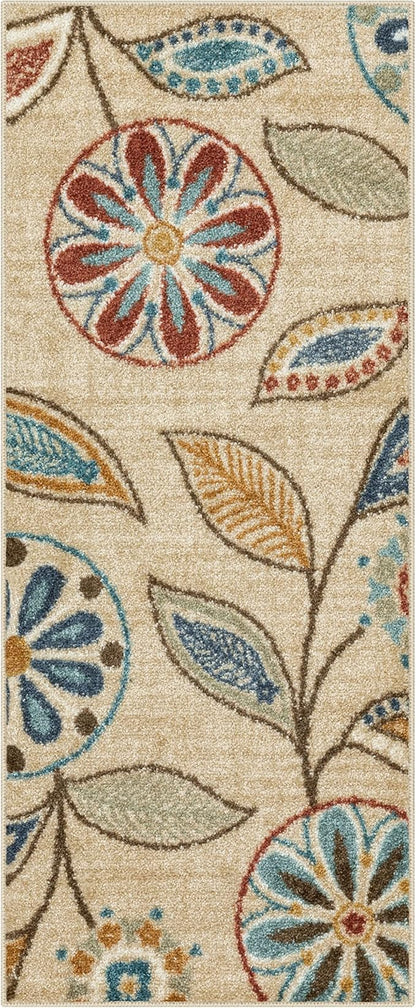 Maples Rugs Reggie Floral Runner Rug - Made in USA - Washable, Non Slip Indoor Carpet for Kitchen, Hallway, and Laundry Room, 1'8 x 4', Beige