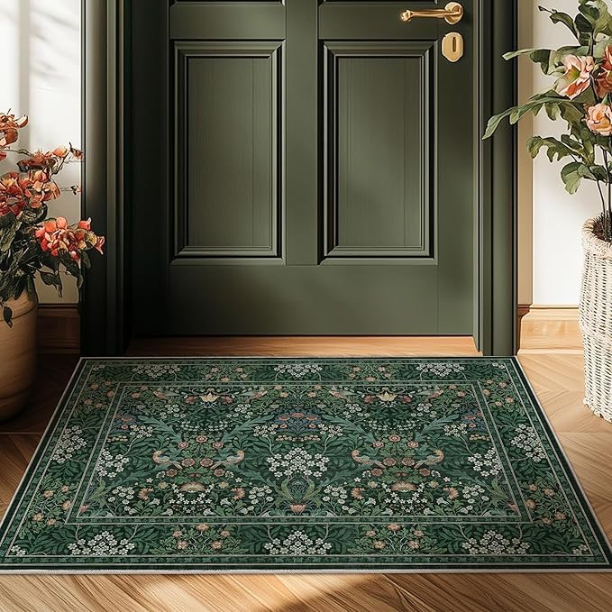 2x3 Floral Washable Area Rugs for Living Room, Vintage Boho Rug for Bedroom Dining Room， Distressed Botanical Birds Non Slip Low Pile Forest Animal Throw Carpet for Farmhouse Office, Bright Green