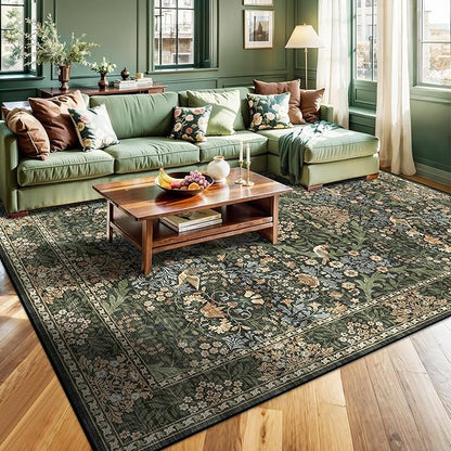 9x12 Floral Washable Area Rug for Living Room, Vintage Boho Large Rugs for Bedroom Dining Room, Botanical Birds Non Slip Low Pile Forest Throw Carpet for Farmhouse Office, Retro Gold/Green