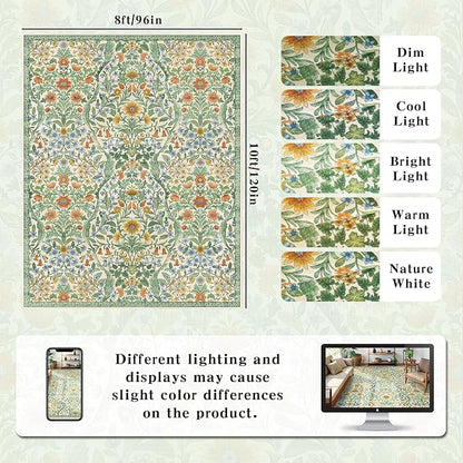 8x10 Washable Area Rug for Living Room, Large Vintage Grass Green Floral Rugs, Soft Non-Slip Stain Resistant Boho Lightweight Carpet for Bedroom Dining Room Nursery Home Office