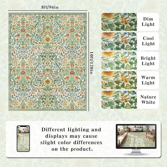 8x10 Washable Area Rug for Living Room, Large Vintage Grass Green Floral Rugs, Soft Non-Slip Stain Resistant Boho Lightweight Carpet for Bedroom Dining Room Nursery Home Office