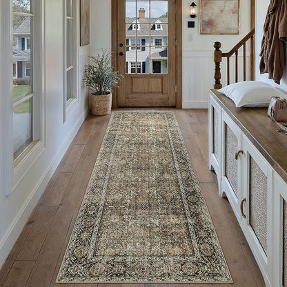 Brown Runner Rug 2x7 Vintage Area Carpet Hallway Long Indoor Kitchen Washable Living Room Low Pile Traditional Distressed Retro Accent Throw Rug Non Slip Laundry Bathroom Office Dining Room
