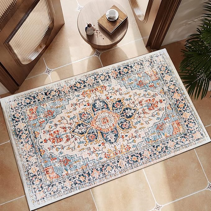 VK VK·LIVING Entryway Washable Rug 2'x3' Small Boho Bathroom Throw Area Rug Non Slip Doormat Indoor Front Door Machine Washable Carpet for Bathroom Kitchen Vintage (Blue Orange)