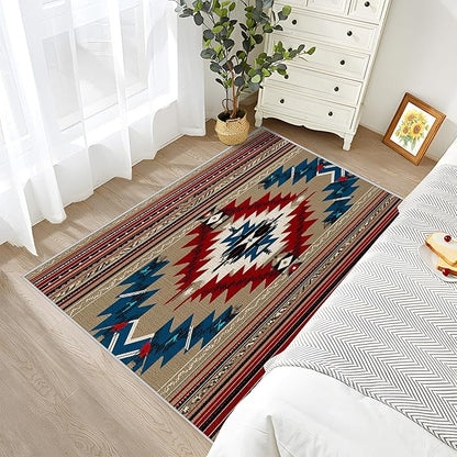 5x7 Rug Washable - Navajo Rugs for Living Room, Southwestern Tribal Ethnic Rustic Cabin Non Slip Low Pile Area Rugs for Bedroom, Navajo Carpet Home Decor & Gifts