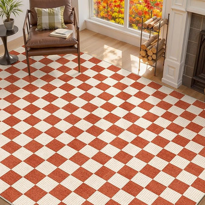 LIVEBOX 8x10 Area Rugs for Living Room, Checkered Non-Slip Washable Rugs, Farmhouse Neutral Classic Halloween Pattern Large Boys Area Rug for Bedroom, Carpet for Dining Room Office(Orange,8'x10')