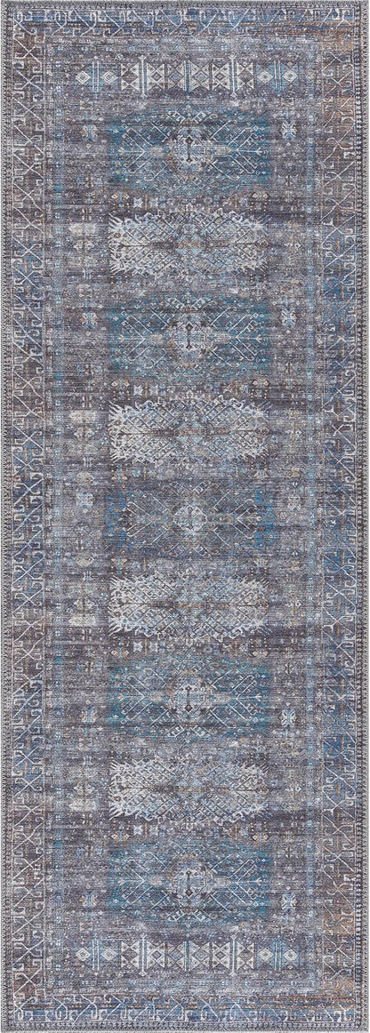Bloom Rugs Washable 12 ft Runner - Slate Gray/Blue Traditional Runner for Entryway, Hallway, Bathroom, and Kitchen - Exact Size: 2.5' x 12'