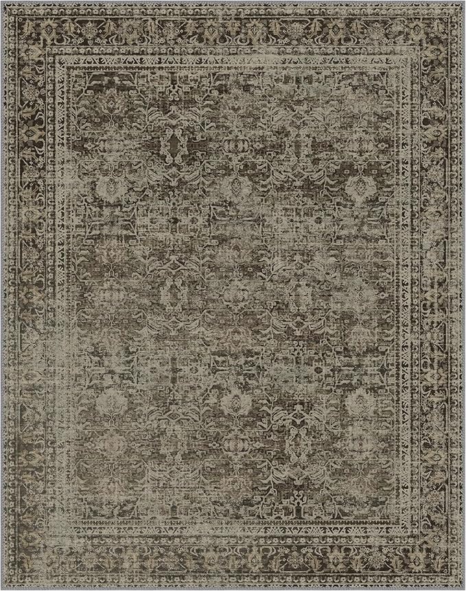 6x9 Area Rug Machine Washable Boho Rug for Living Room,Ultra-Thin Low Pile Carpet,Lightweight Indoor Printed Rug,Non Slip Floral Area Rug for Bedroom, Dining Room, Home Office,Vintage Sage Green
