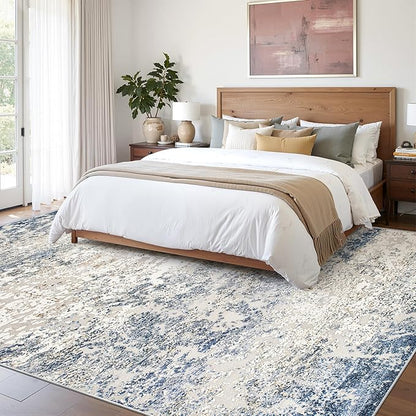 Art&Tuft Washable Rugs 9x12, Abstract Area Rugs 9x12 Living Room - Non Slip and Low Pile Soft Thin Rug for Bedroom, Dining Room, Kitchen, Office, Blue