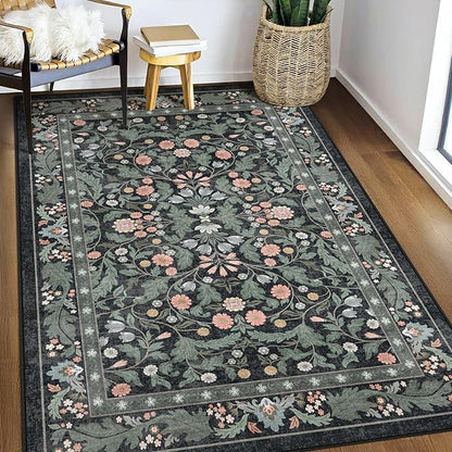 3x5 Washable Area Rug Floral Dark Green Entryway Small Rug Vintage Forest Low Pile Non Slip Stain Resistance Soft Carpet for Kitchen, Bedroom Beside, Laundry Room, Office Rug, Kids Room, Nursery Room