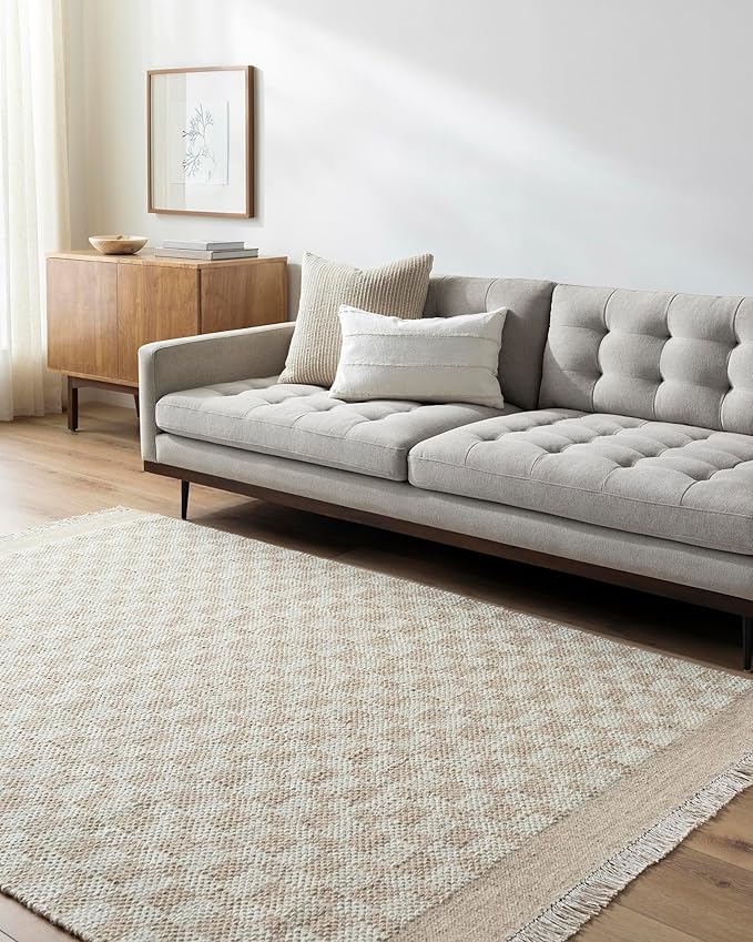 Mark&Day Wool Rugs, 5x8 Clinten Solid and Border Tan Checkered Rug, Tan Ivory Carpet for Living Room, Bedroom or Kitchen (5' x 7'6")
