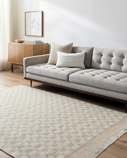 Mark&Day Wool Rugs, 2x3 Clinten Solid and Border Tan Checkered Rug, Tan Ivory Carpet for Living Room, Bedroom or Kitchen (2' x 3')