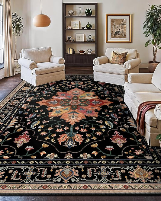 Area Rugs 10'x14' Washable Non-Slip, Floral Vintage Distress Print Pattern Medallion Carpet for Living Room Bedroom Dining Room, Black Colorful Floral Dark Tan