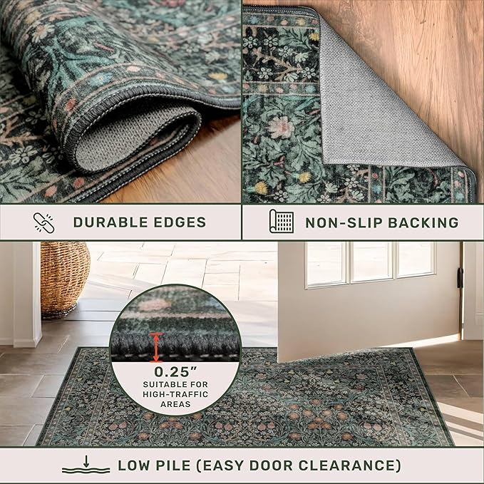 Vintage Washable Dark Green 10x14 Rug for Living Room - Extra Large Area Rug for Dining Room Under Table, Soft Low Pile Carpet for Bedroom - Vintage Floral Design Non-Slip (10x14 Dark Green)
