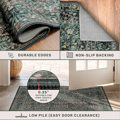 Dark Green 2 x 8 Runners for Hallways, 8ft Long Floor Runner for Kitchen, Entryway Indoor, Washable Non Skid Rubber Backing Stain Resistant - Vintage Floral Décor