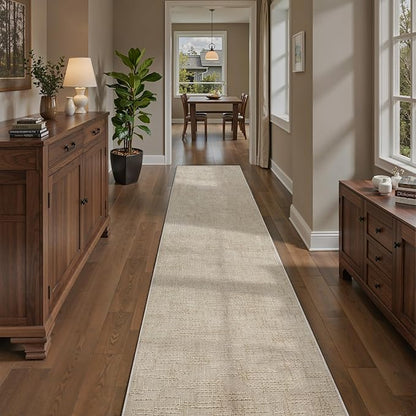 Art&Tuft 2x12 Runner Rug - Washable Runner Rugs, Non-Slip Runner Rug for Hallway, High Low Pile Textured Stripe 2x12 Rug Runner Throw Carpet for Entrance Bedroom Living Room Kitchen, Beige