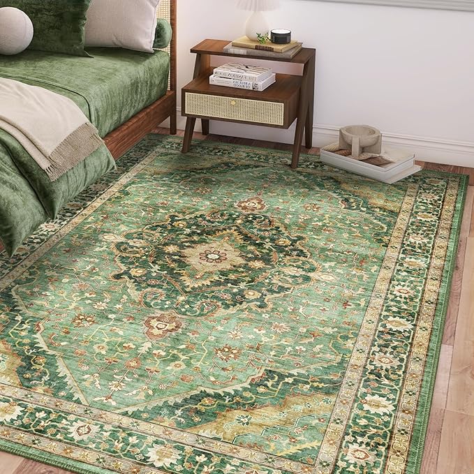 Green Rugs for Bedroom Area Rugs 5x7 Washable Rugs Boho Vintage Oriental Large Foldable Faux Wool Carpet for Living Room Nursery Room Dorm Kids Playroom Home Office