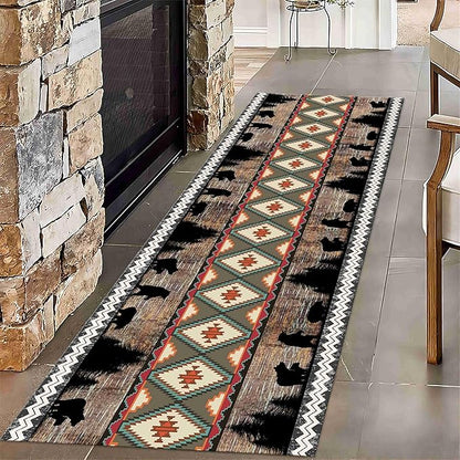 Southwestern Runner Rug, 2x10ft, Rustic Lodge Aztec Country Bear Decorative Runner Rug, Vintage Forest Birch Wild Animal Print Entrance Hallway Rug, Soft Non-Slip Carpet for Living Room Bedroom