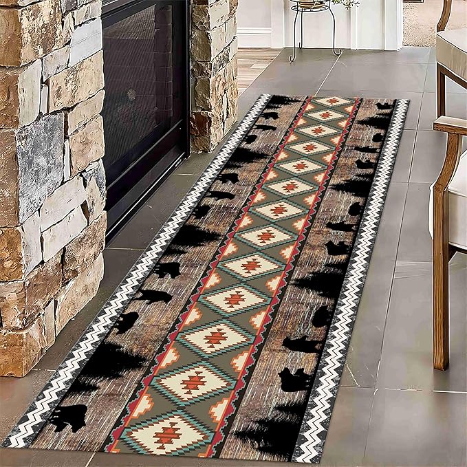 Southwestern Runner Rug, 2x7ft, Rustic Lodge Aztec Country Bear Decorative Runner Rug, Vintage Forest Birch Wild Animal Print Entrance Hallway Rug, Soft Non-Slip Carpet for Living Room Bedroom