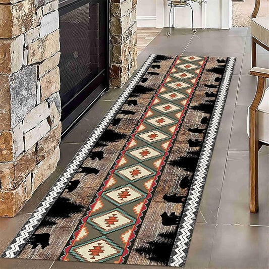 Southwestern Runner Rug, 2x7ft, Rustic Lodge Aztec Country Bear Decorative Runner Rug, Vintage Forest Birch Wild Animal Print Entrance Hallway Rug, Soft Non-Slip Carpet for Living Room Bedroom