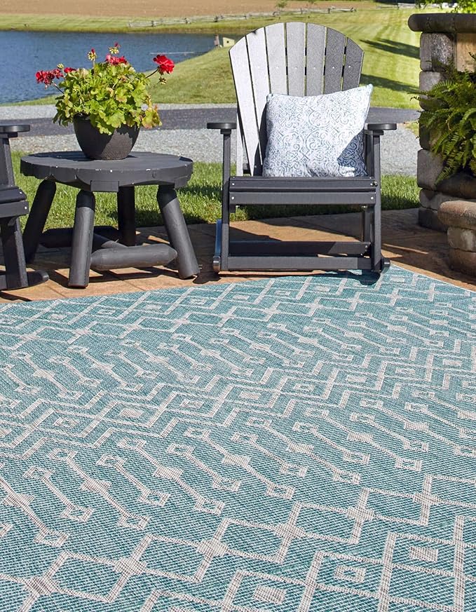 Unique Loom Outdoor Trellis Collection Area Rug - Tribal Trellis (10' 8" Square, Aqua/ Ivory)