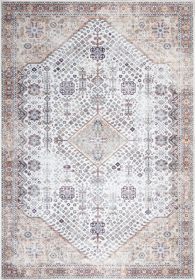 Bloom Rugs Washable Non-Slip 9' x 12' Rug - Sand/Orange/Purple Traditional Medallion Area Rug for Living Room, Bedroom, Dining Room, and Kitchen - Exact Size: 9' x 12'