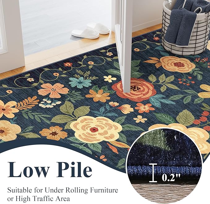 DUKINO 3x10 Runner Rug for Hallway, Washable Kitchen Floral Runner Rug with Non Slip Backing, Low Pile Soft Boho Carpet for Kitchen, Hallway, Entryway, Laundry, Bedroom, Navy Blue