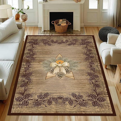 Vintage Pine Cone Area Rug 3x5ft Rustic Lodge Wooded Pine Cone Area Rug Wood Grain Star Leaf Distressed Indoor Non-Slip Washable Carpet for Dormitory Study Room Fireplace Office