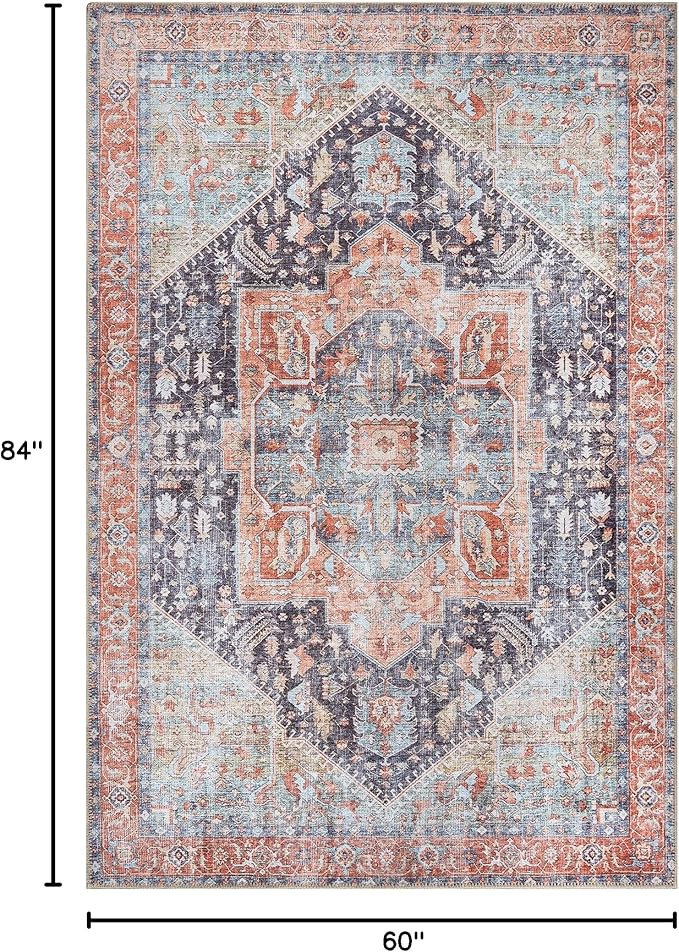 Bloom Rugs Washable Non-Slip 5' x 7' Rug - Terracotta/Blue Traditional Medallion Area Rug for Living Room, Bedroom, Dining Room, and Kitchen - Exact Size: 5' x 7'