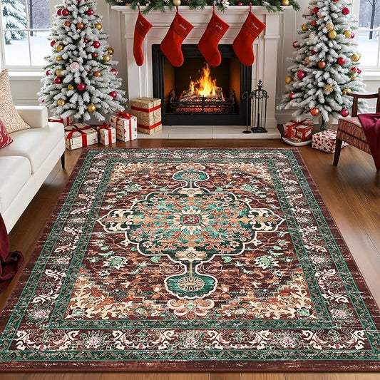 U'Artlines Boho Vintage Area Rug 4x6 ft Machine Washable Low Pile Soft Floor Carpet Non Slip Non Shedding Accent Rug for Living Room Bedroom Entryway Dining Room Office Rust＆Teal