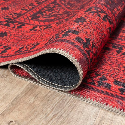 Bloom Rugs Washable Non-Slip 3' x 5' Rug - Red Traditional Bordered Area Rug for Living Room, Bedroom, Dining Room, and Kitchen - Exact Size: 3' x 5'