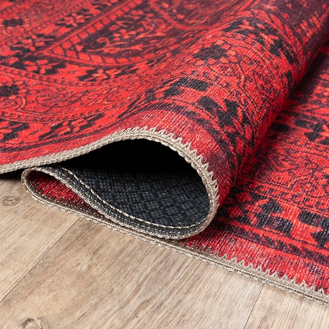 Bloom Rugs Washable Non-Slip 9' x 12' Rug - Red Traditional Bordered Area Rug for Living Room, Bedroom, Dining Room, and Kitchen - Exact Size: 9' x 12'