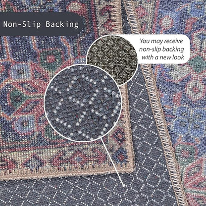 GLN Rugs Traditional Collection - Machine Washable Area Rug, Traditional Washable, Non Slip, Low Pile Chenille Rug, Living Room, Bedroom, Kitchen Rug (5' x 7' Multi Blue)