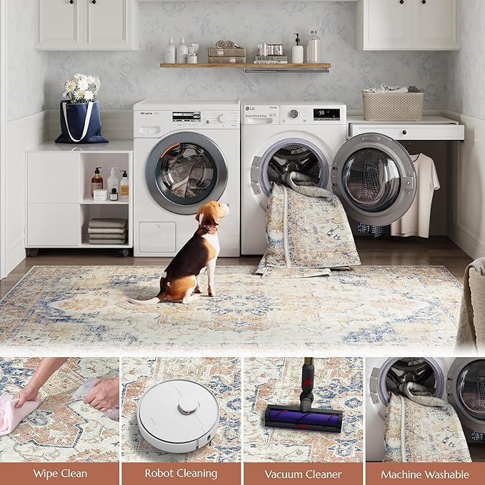jinchan Kelda Area Rug 5x7 Washable Bedroom Rug Vintage Indoor Floor Cover Distressed Lightweight Non-Slip Low Pile Thin Mat Accent Stain Resistant Carpet for Living Room Dining Room Office Orange