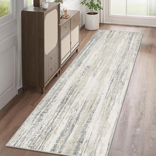 MUJOO Washable Runner Rug 2x8,Modern Abstract Area Rugs for Kitchen Hallways Bedroom Bedside Bathroom Laundry,Non Slip Throw Carpet Long Mat Indoor,Low Pile Accent Neutral Beige and Grey
