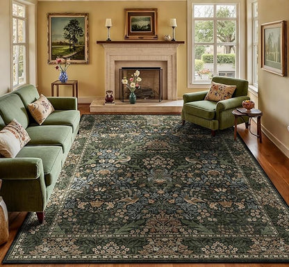 8x10 Floral Washable Area Rug for Living Room, Vintage Boho Large Rugs for Bedroom Dining Room, Botanical Birds Non Slip Low Pile Forest Throw Carpet for Farmhouse Office, Retro Gold/Green