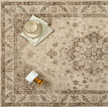 Brown Area Rug 5x7 Washable Vintage Carpet for Living Room Office Soft Retro Low Pile Thin Indoor Rug Non Slip Oriental Medallion Floor Cover for Bedroom Dining Room