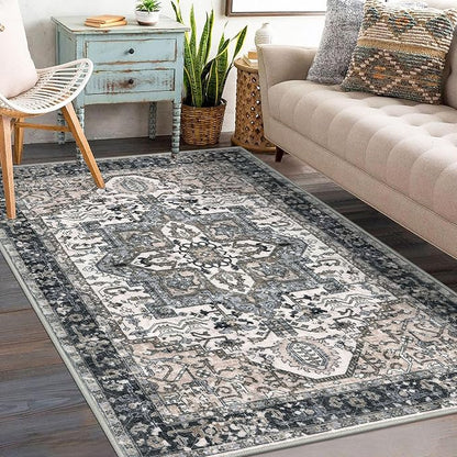 KOZYFLY Boho Area Rug 3x5 Ft Rugs for Entryway Washable Entry Rug Non Slip Door Mat Indoor Entrance Printed Faux Wool Throw Rugs for Entrance Kitchen Living Room, Black/Taupe/Beige