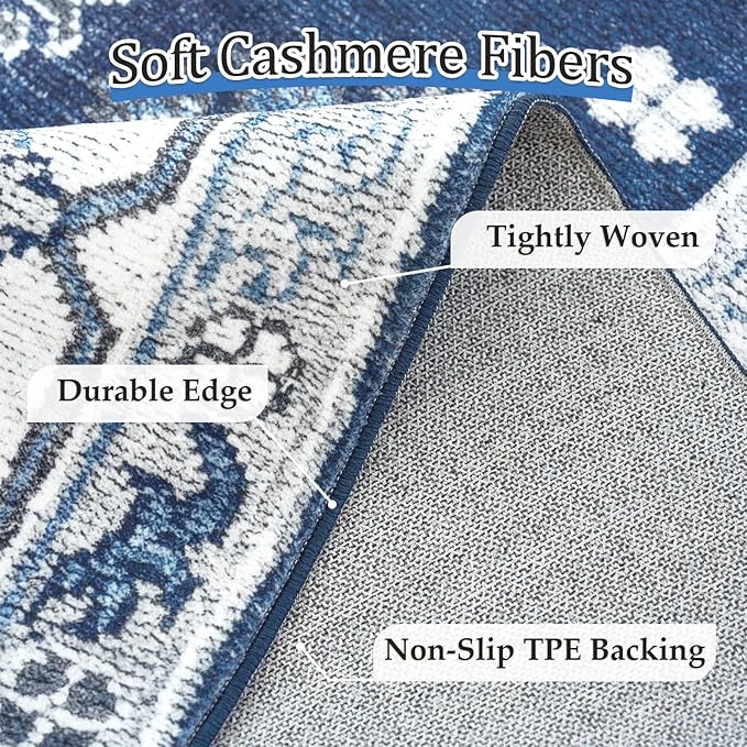 VK VK·LIVING Entryway Washable Rug 2'x3' Small Boho Bathroom Throw Area Rug Non Slip Doormat Indoor Front Door Machine Washable Carpet for Bathroom Kitchen Vintage (Navy)