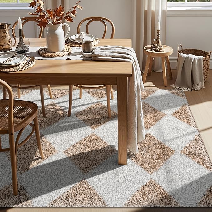 Rugshop Diamond Wave Shag Area Rug Beige 7' 10" x 10' Perfect for Large Living Rooms, Dining Areas, or Master Bedrooms