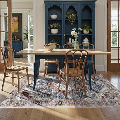 Deerly Boho Area Rug 4x6 Bedroom Rugs Ultra Soft Indoor Washable Rugs for Living Room Bedroom Laundry Room Decor, Low Pile Non-Slip Backing(Border Brown/Navy Blue)