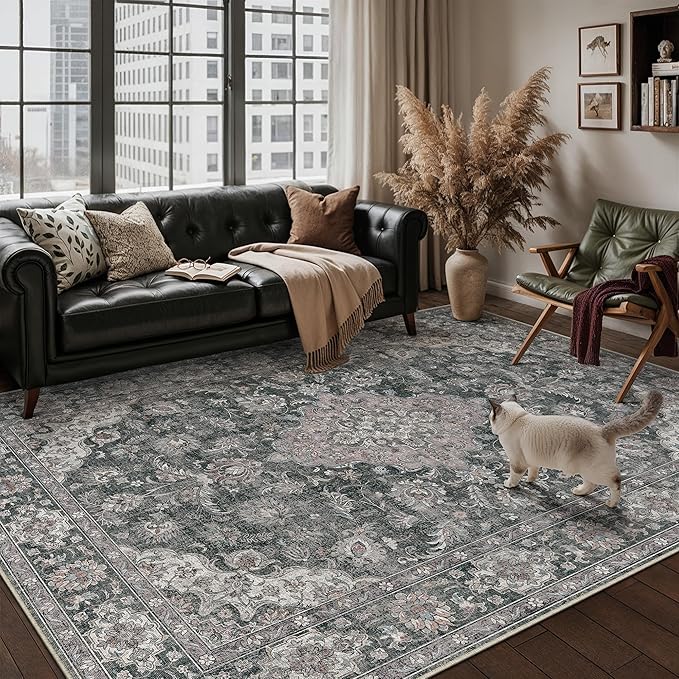 HUGEAR Retro Black Area Rug 8x10 Machine Washable Living Room Rugs Distressed Vintage Floral Low Pile Carpet Bedroom Office Dining Room Laundry Room Non Slip Soft Lightweight
