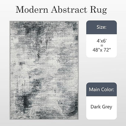4x6 Washable Area Rugs - Modern Abstract Rugs for Living Room Non-Slip Low Pile Soft Machine Washable Carpet for Bedroom, Dining Room, Nursery, Home Office, Farmhouse (4'x6' Dark Grey)