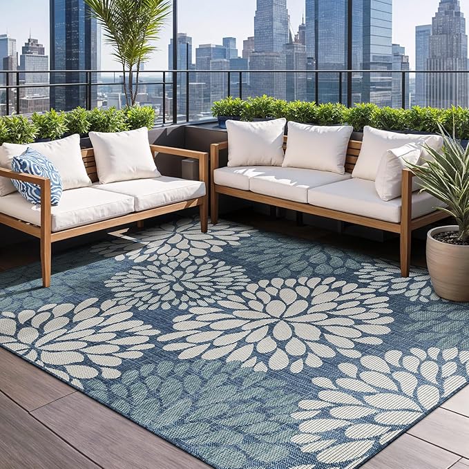 Beverly Rug Outdoor Rug 5x7 Modern Exotic Tropical Leaf Area Rugs for Indoor and Outdoor Patio Deck Porch Garden Water Resistant Washable Outside Carpet (5 x 7 Blue)