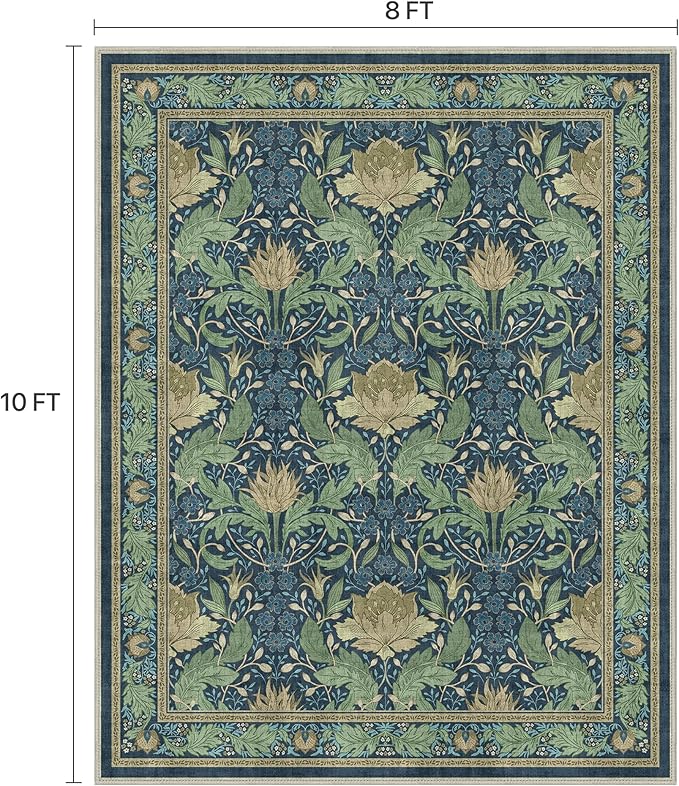 Bavni 8x10 Area Rugs, Floral Machine Washable Rugs for Living Room, Dinning Room, Bedroom, Non Slip Aesthetic Vintage Low Pile Durable Lightweight Farmhouse Rug, Tea Green/Blue