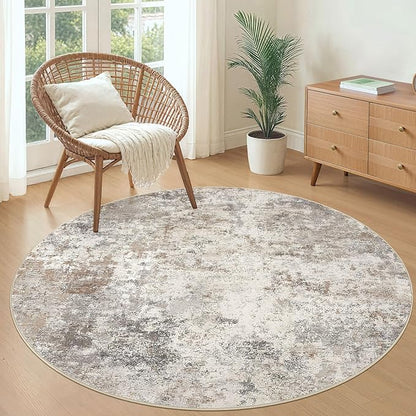 5ft Round Area Rug Living Room Rugs - 5x5 Washable Neutral Modern Abstract Soft Thin Rug Indoor Floor No Slip Rug Carpet for Bedroom Under Dining Table Home Office Decor - Brown Grey
