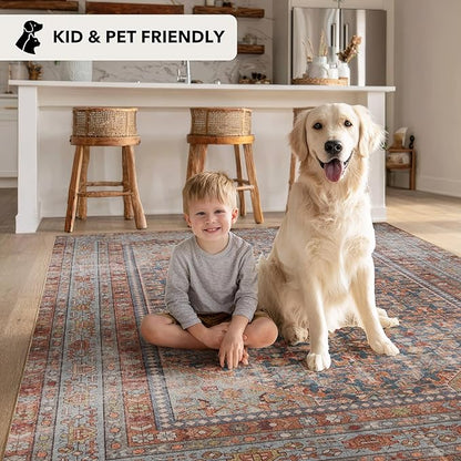 Kuden 8x10 Large Area Rug, Machine Washable Area Rug with Non-Slip Backing, Vintage Style, Soft, Easy Clean, Low Pile Rug for Living Room, Bedroom, Dining Room
